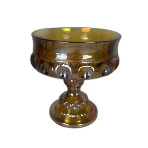 Indiana Carnival Glass Kings Crown Compote Iridescent Amber Marigold Candy Dish